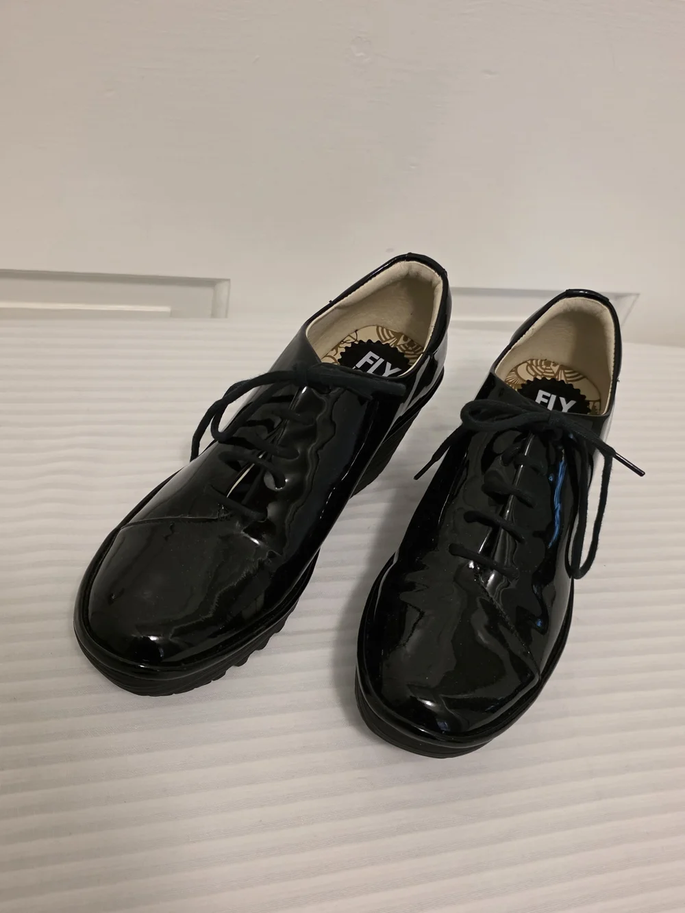 FLY London Black Patent Lace-Up Platform Shoes Size 39=8/8.5 US